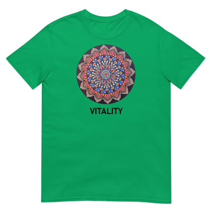 Unisex Softstyle T-Shirt (mandala with pink petals | on front | VITALITY in black lettering)