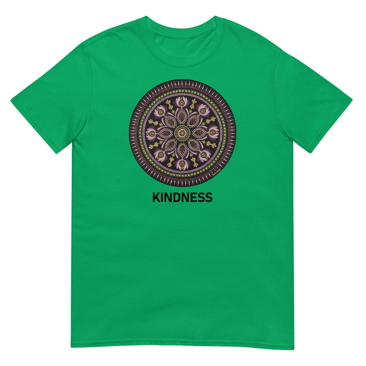 Unisex Softstyle T-Shirt (mandala with magenta rim | on front | KINDNESS in black lettering)