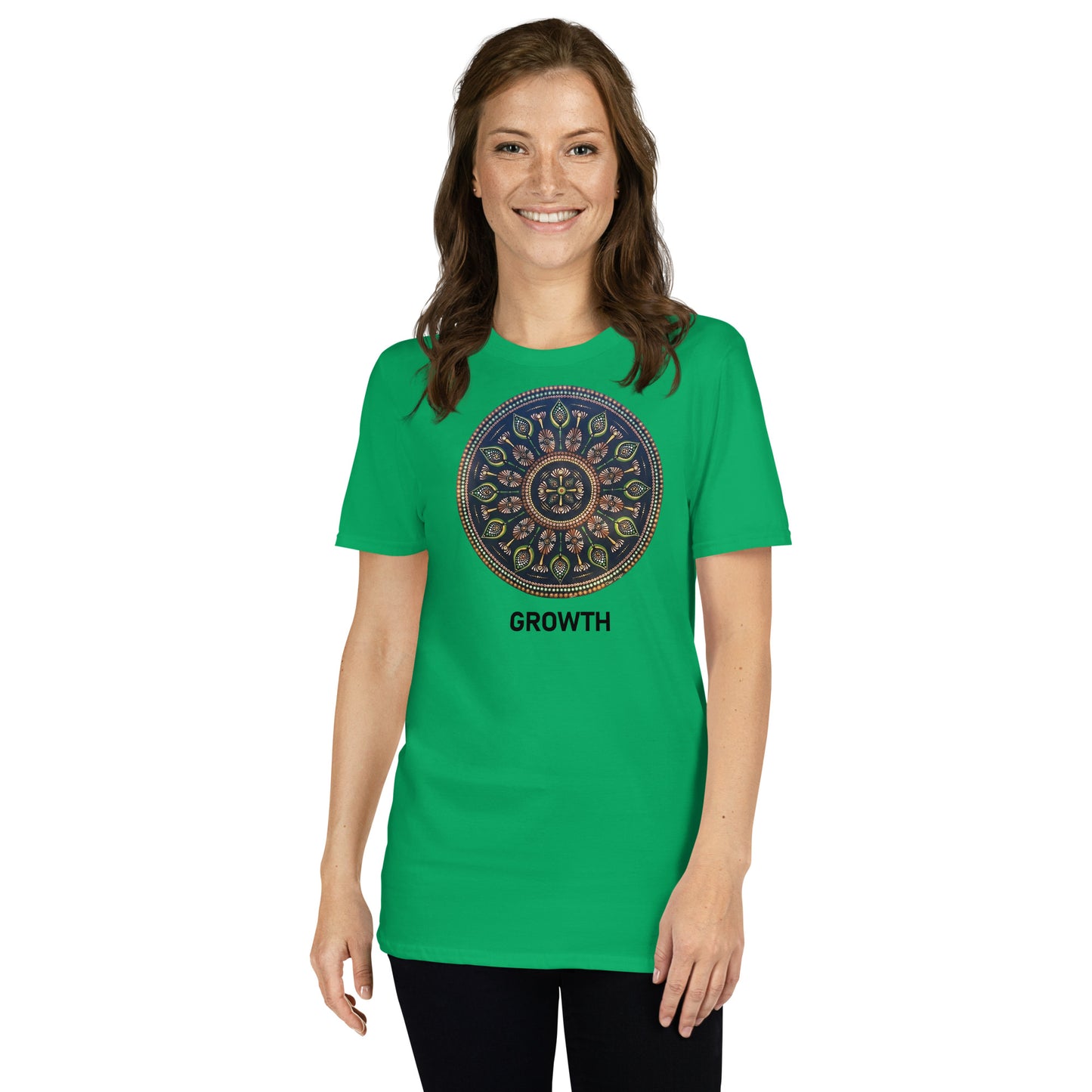 Unisex Softstyle T-Shirt (mandala with cross in the core | on front | GROWTH in black lettering)