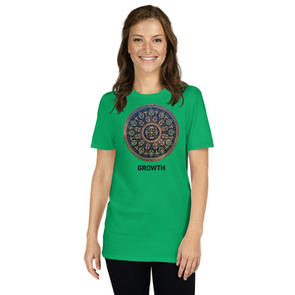 Unisex Softstyle T-Shirt (mandala with cross in the core | on front | GROWTH in black lettering)