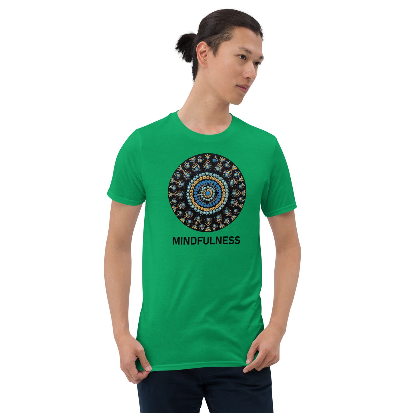 Unisex Softstyle T-Shirt (mandala with blue dots and black back | on front | MINDFULNESS in black lettering)