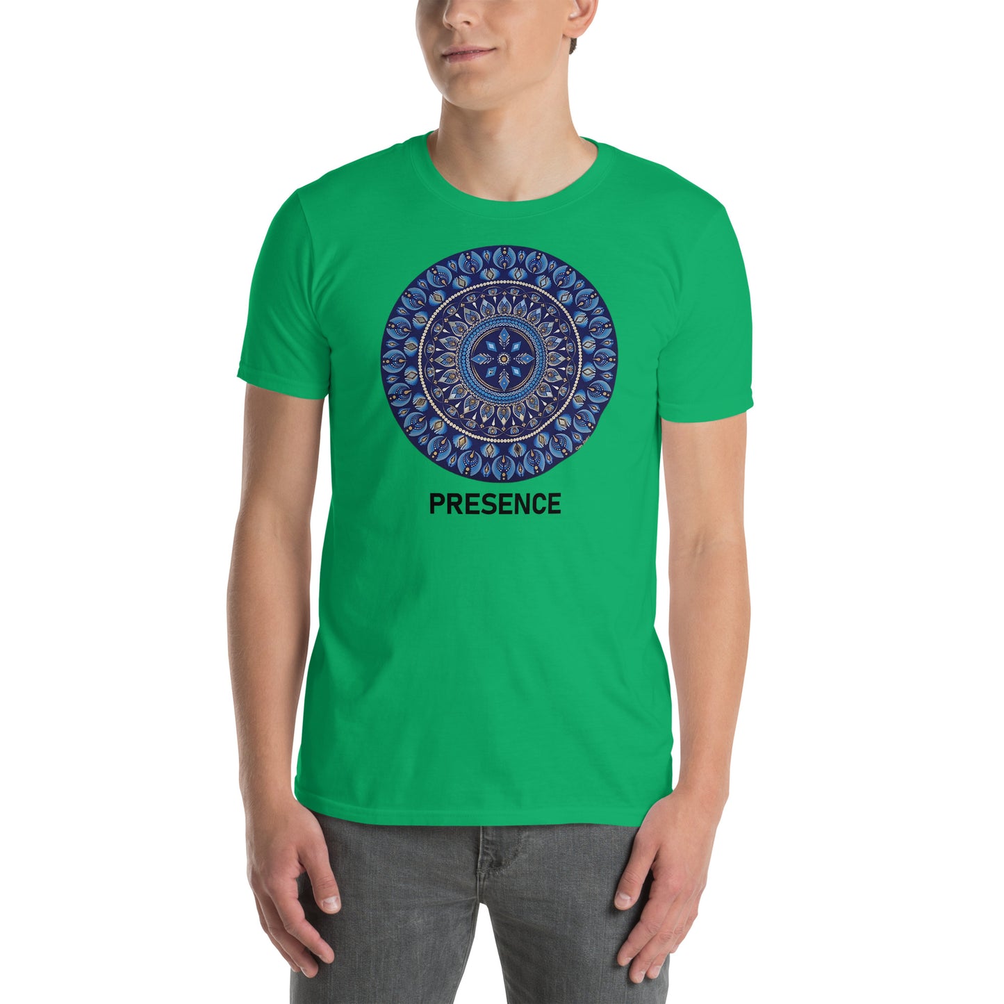Unisex Softstyle T-Shirt (mandala with 4 diamonds | on front | PRESENCE in black lettering)