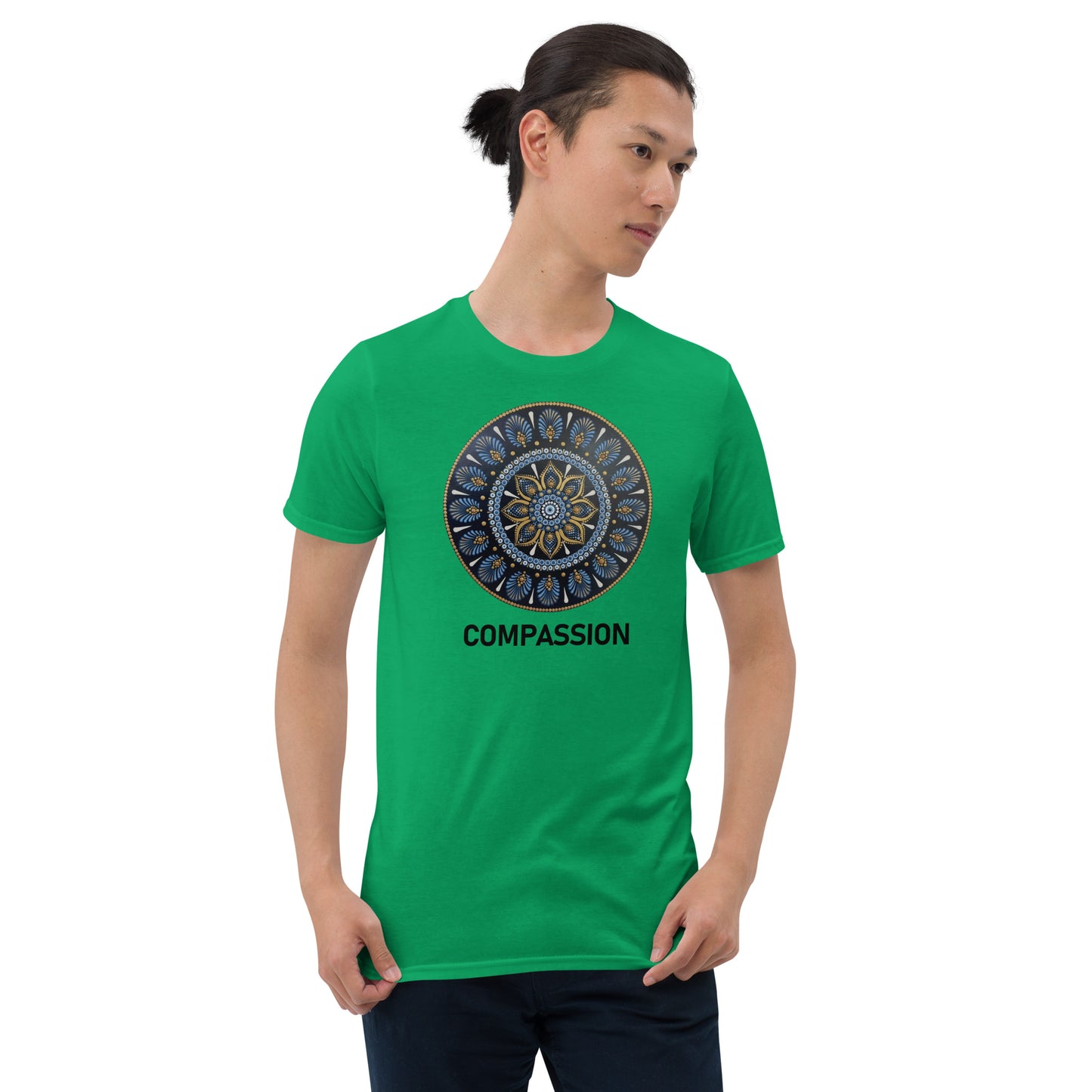 Unisex Softstyle T-Shirt (mandala with gold rim | on front | COMPASSION in black lettering)