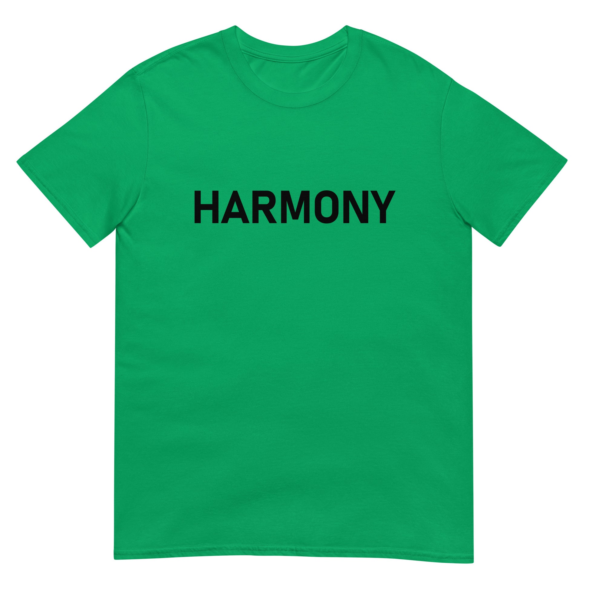 Unisex Softstyle T-Shirt (mandala with green star on back | HARMONY in black lettering on front)