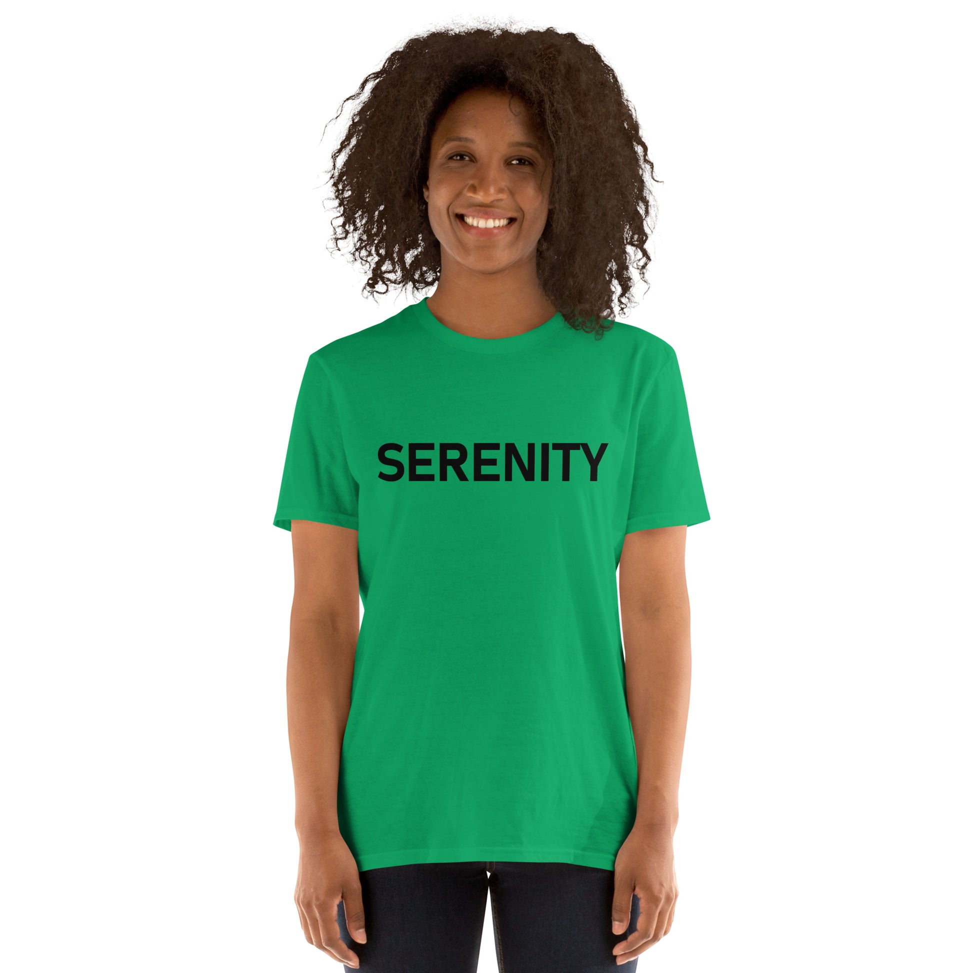 Unisex Softstyle T-Shirt (mandala with blue and white core on back | SERENITY in black lettering on front)