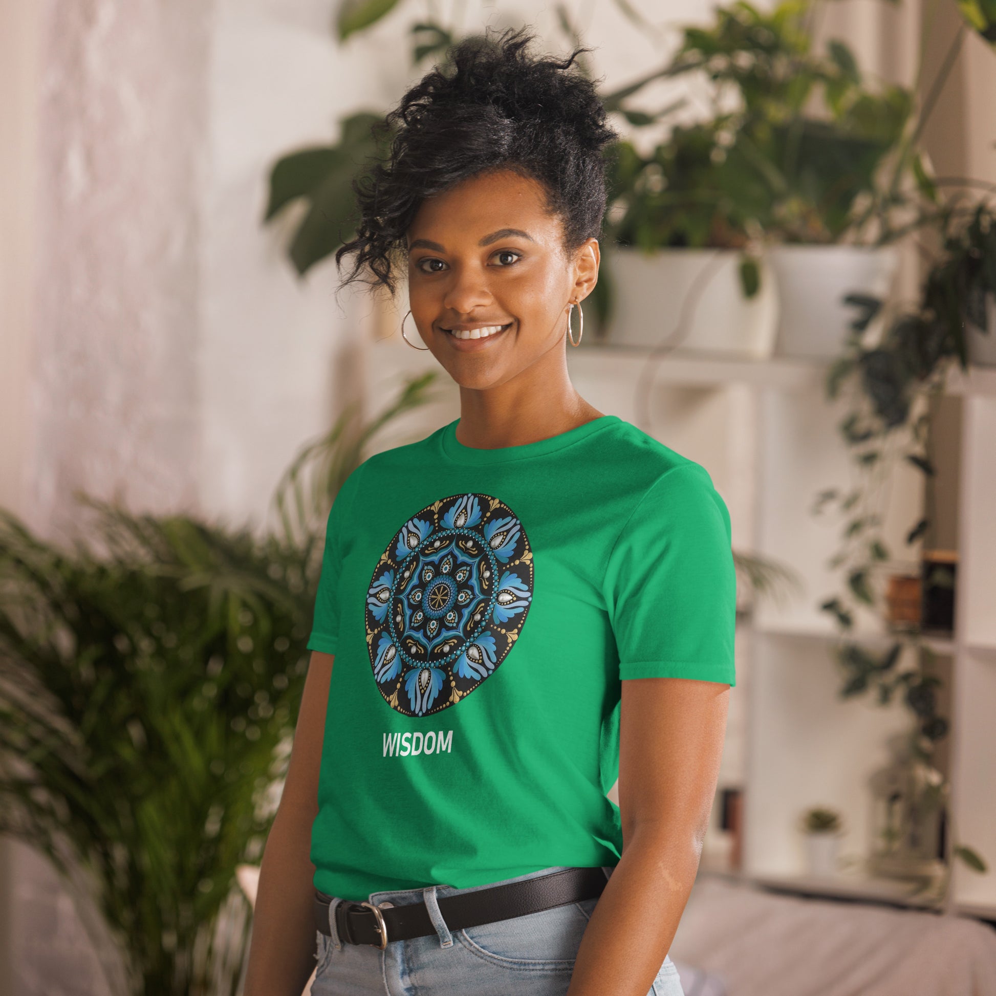 Unisex Softstyle T-Shirt (mandala with spokes in core on front | WISDOM in white lettering)