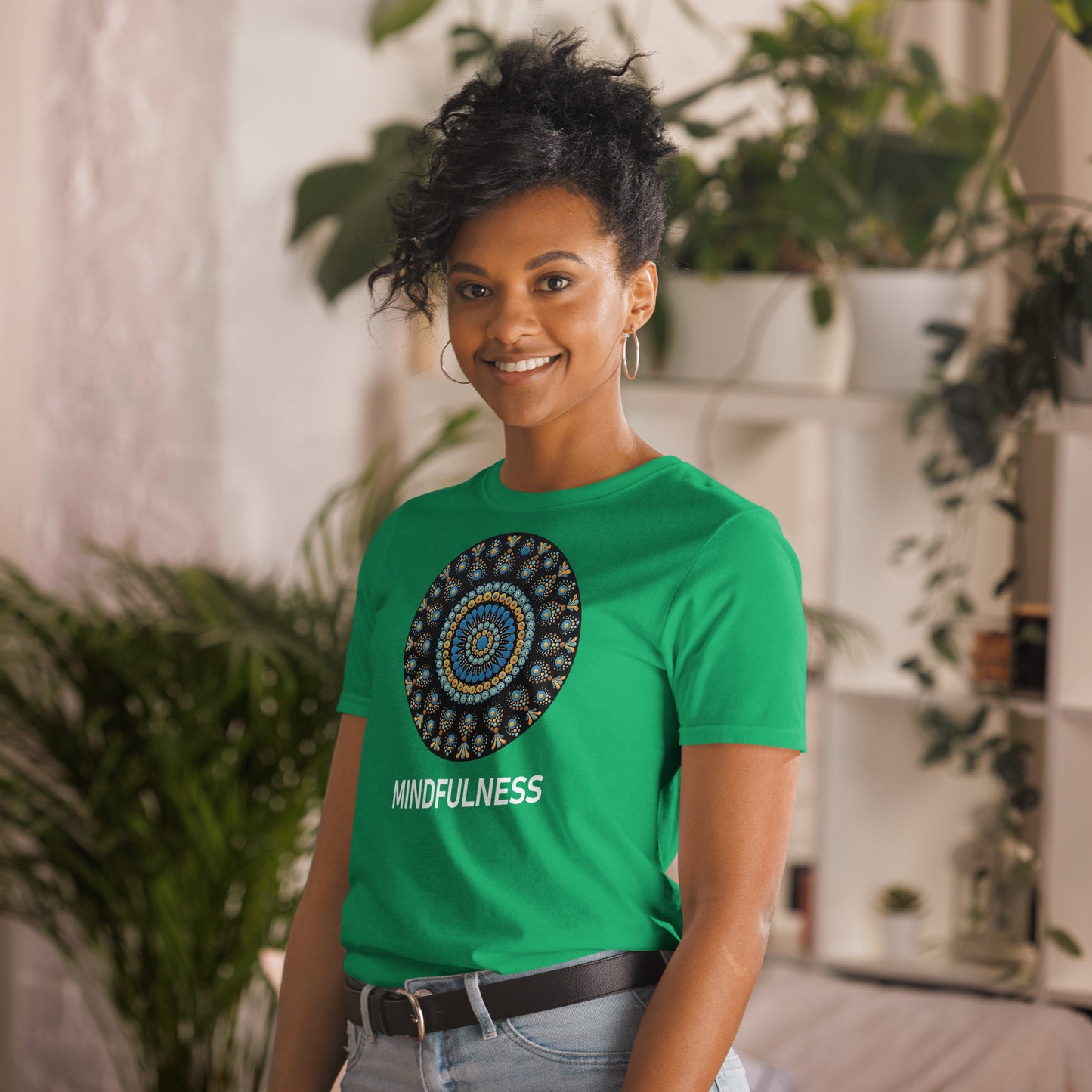 Unisex Softstyle T-Shirt (mandala with blue dots and black back | on front | MINDFULNESS in white lettering)