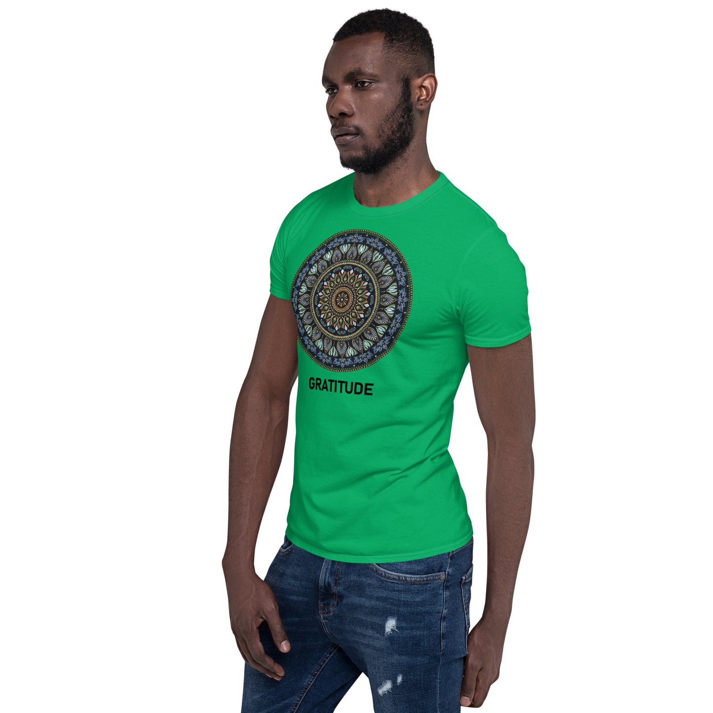Unisex Softstyle T-Shirt (mandala green and gold rim | on front | GRATITUDE in black lettering)