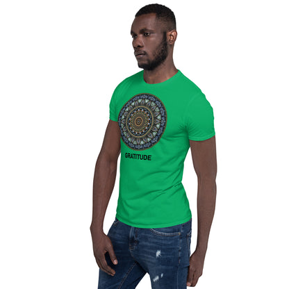 Unisex Softstyle T-Shirt (mandala green and gold rim | on front | GRATITUDE in black lettering)