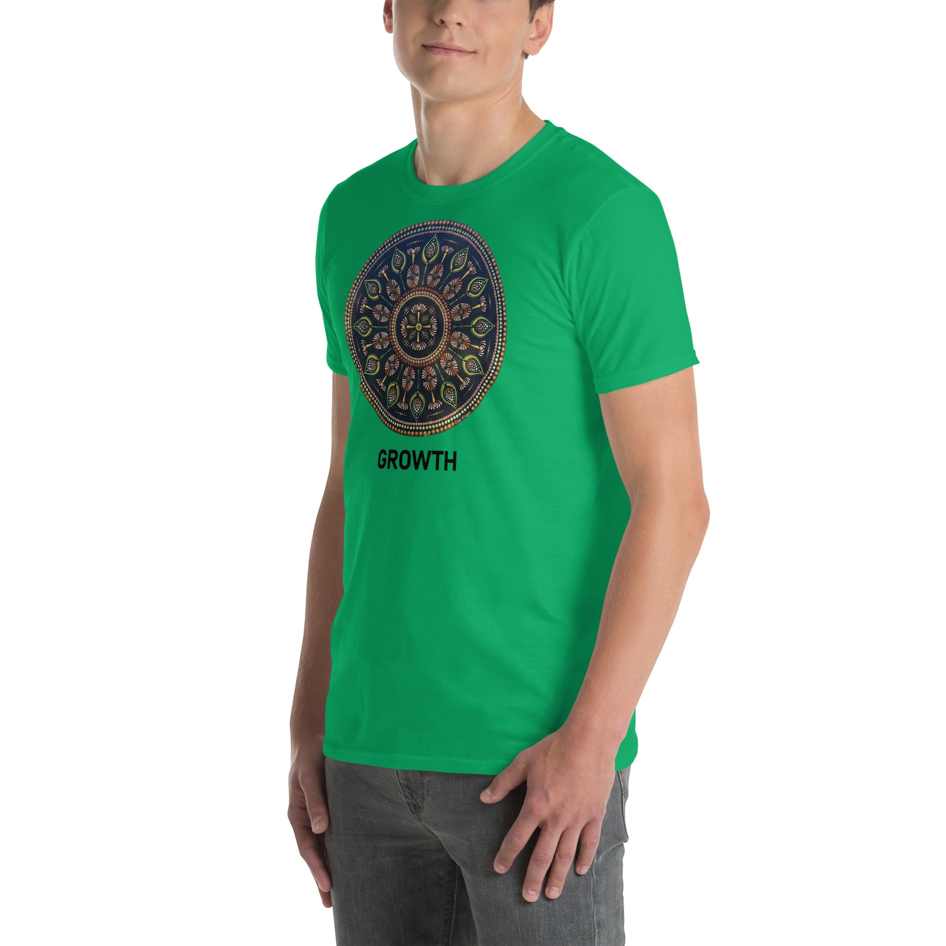 Unisex Softstyle T-Shirt (mandala with cross in the core | on front | GROWTH in black lettering)