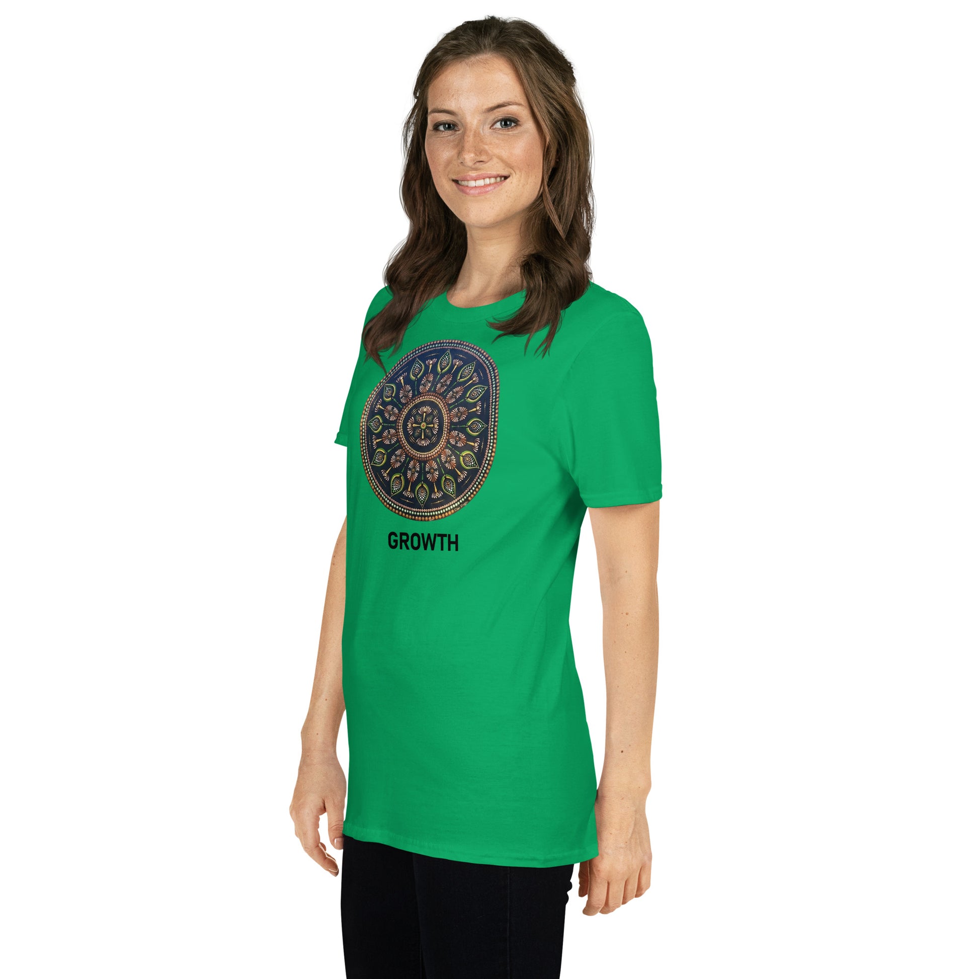 Unisex Softstyle T-Shirt (mandala with cross in the core | on front | GROWTH in black lettering)