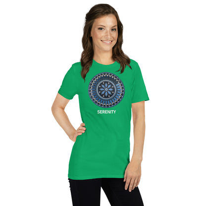 Unisex Softstyle T-Shirt (mandala with blue and white core | on front | SERENITY in white lettering)