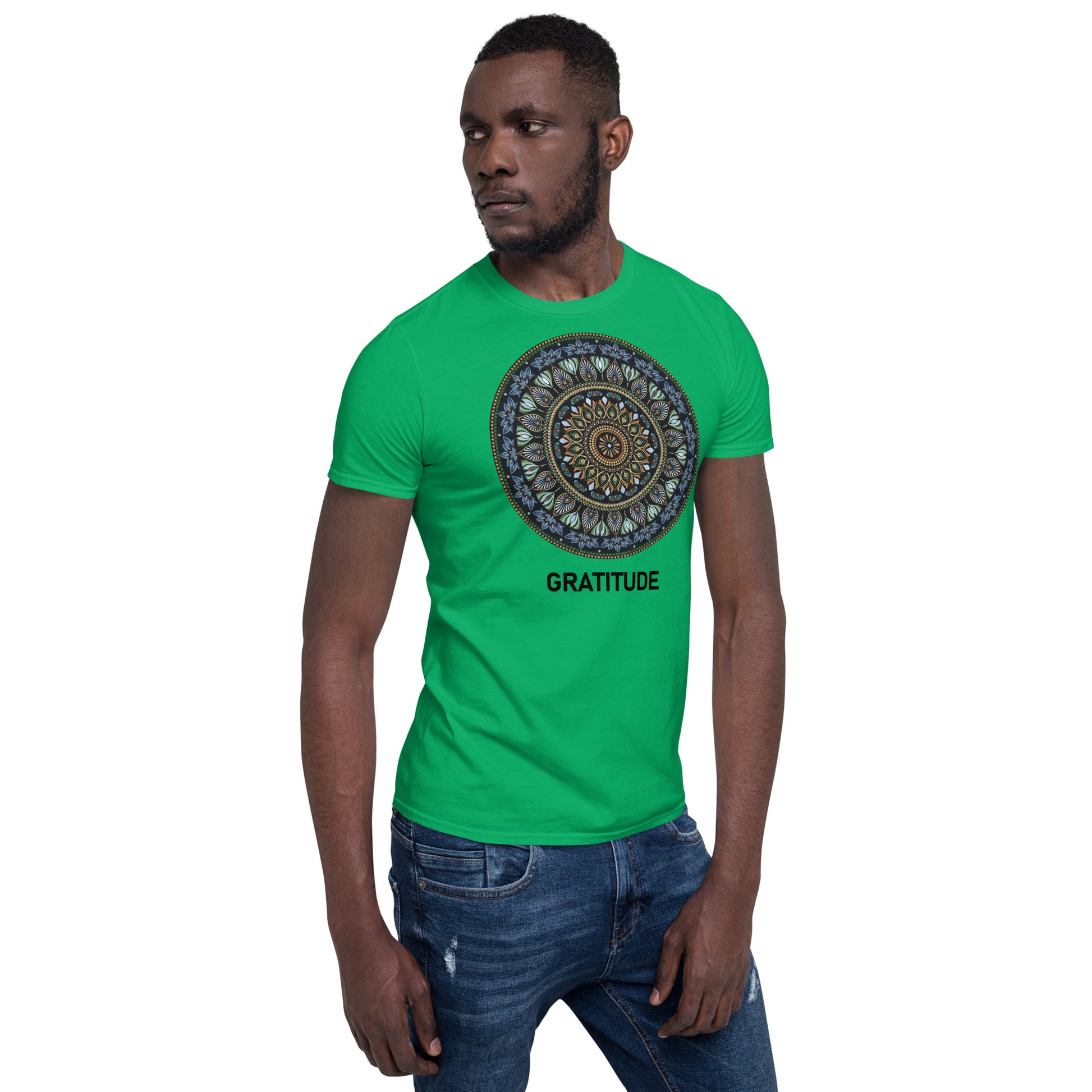Unisex Softstyle T-Shirt (mandala green and gold rim | on front | GRATITUDE in black lettering)