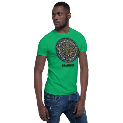 Unisex Softstyle T-Shirt (mandala green and gold rim | on front | GRATITUDE in black lettering)