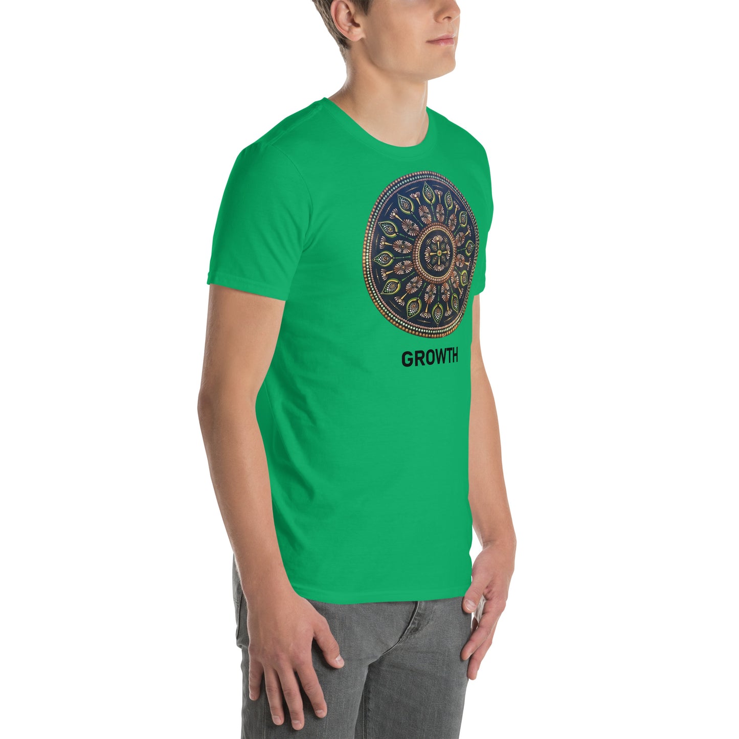 Unisex Softstyle T-Shirt (mandala with cross in the core | on front | GROWTH in black lettering)