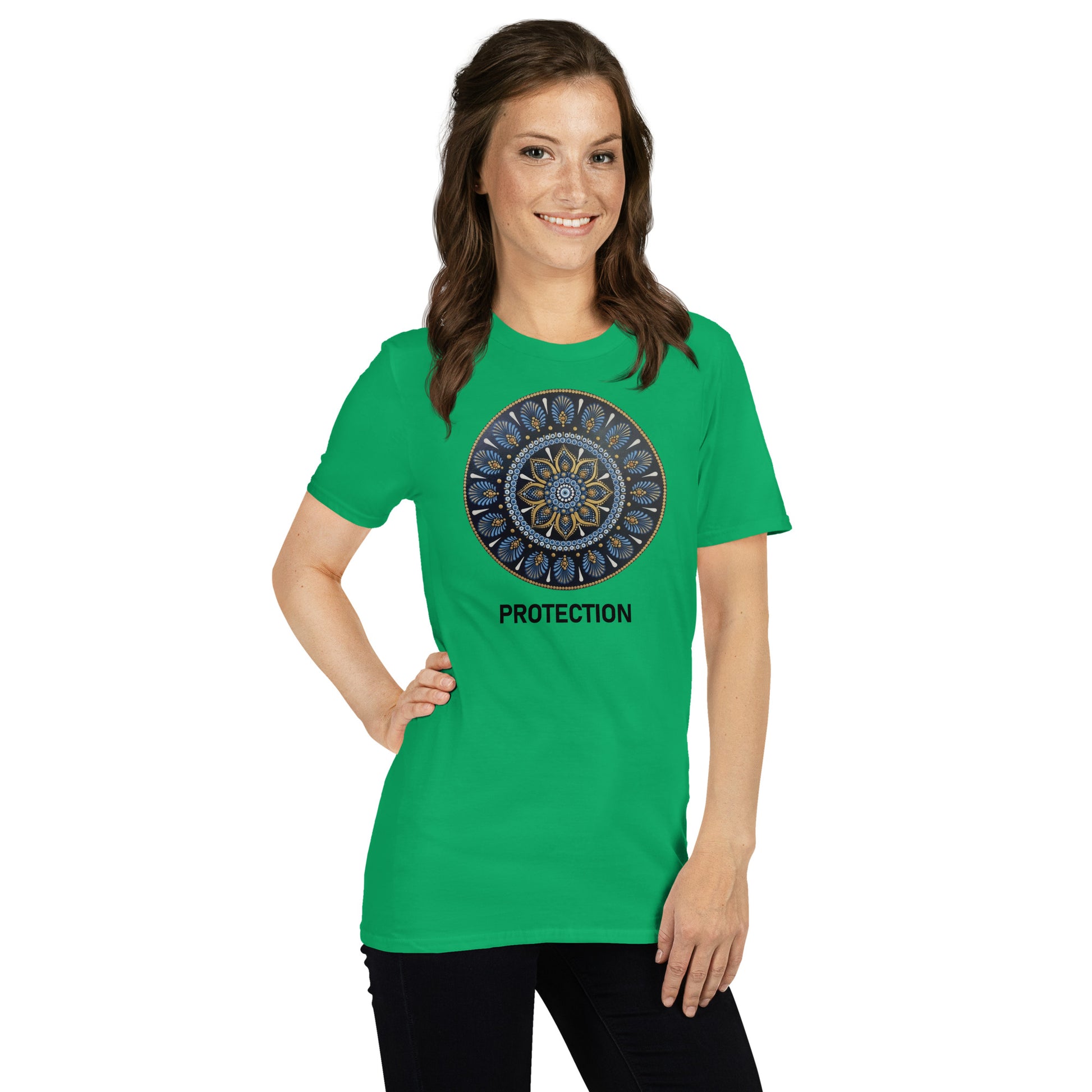 Unisex Softstyle T-Shirt (mandala with gold outer rim | on front | PROTECTION in black lettering)