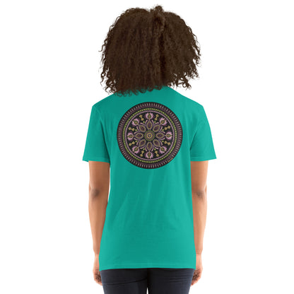Unisex Softstyle T-Shirt (mandala with magenta rim on back | KINDNESS in black lettering on front)