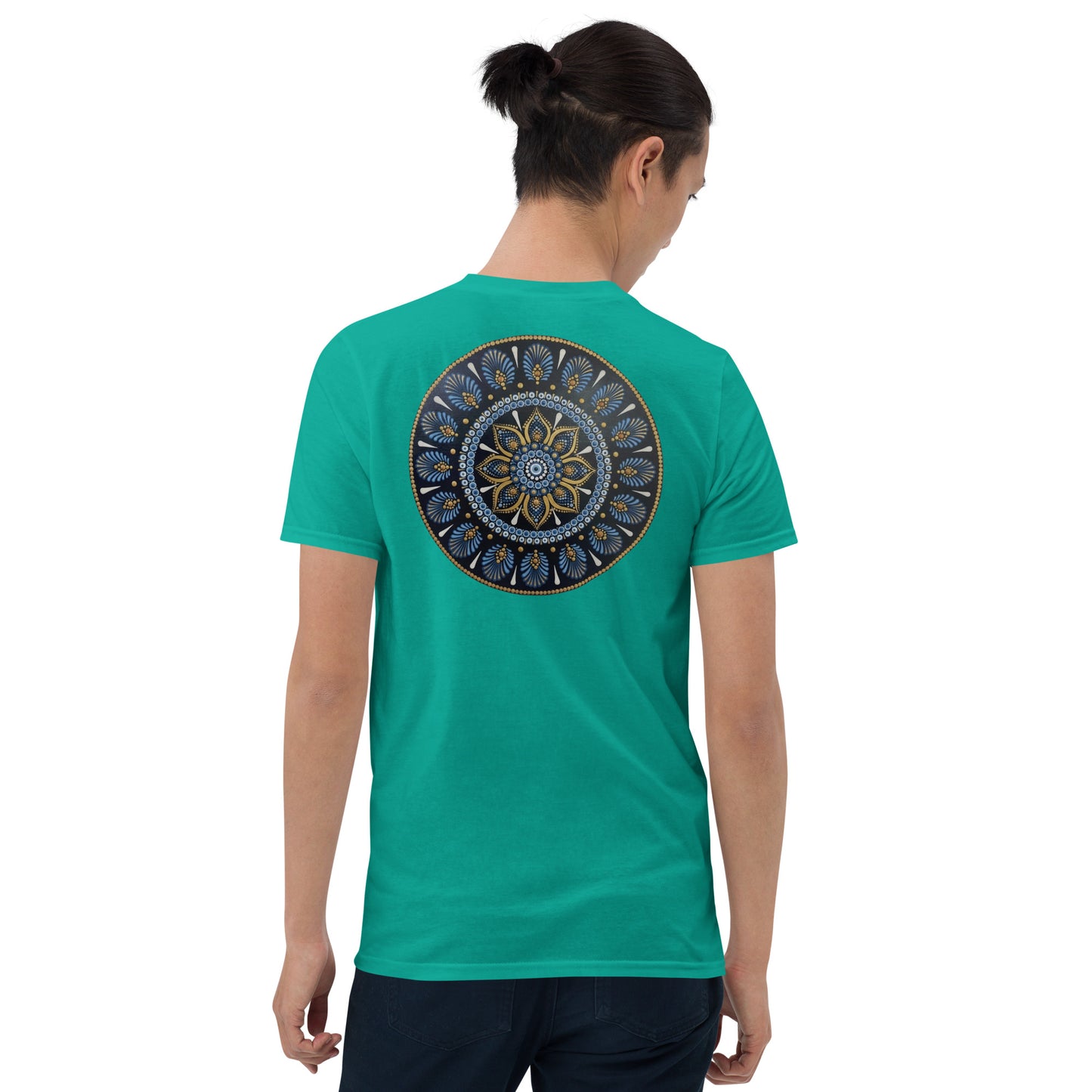 Unisex Softstyle T-Shirt (mandala with gold rim on back | PROTECTION in black lettering on front)