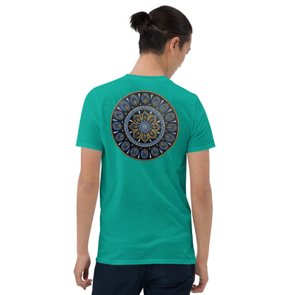 Unisex Softstyle T-Shirt (mandala with gold rim on back | PROTECTION in black lettering on front)