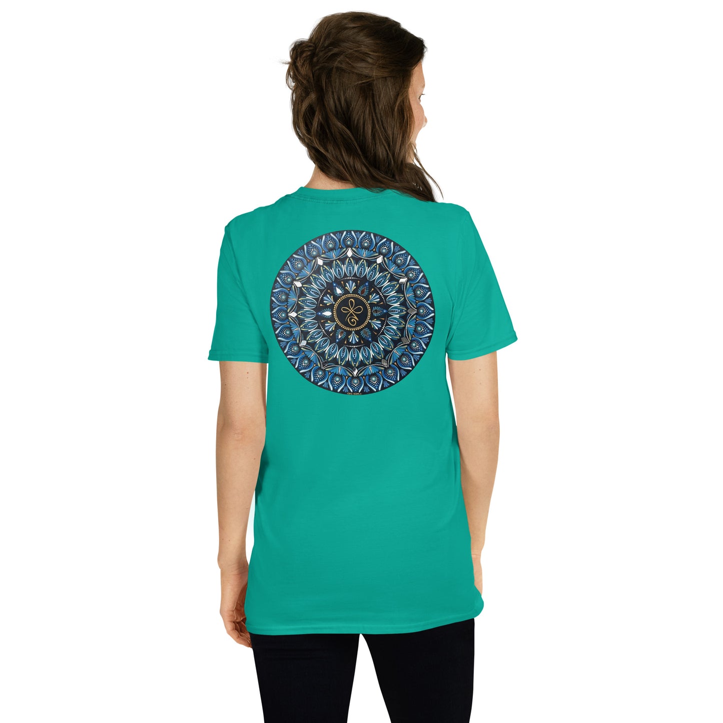 Unisex Softstyle T-Shirt (mandala with 3 loops in core on back | FAMILY in black lettering on front)
