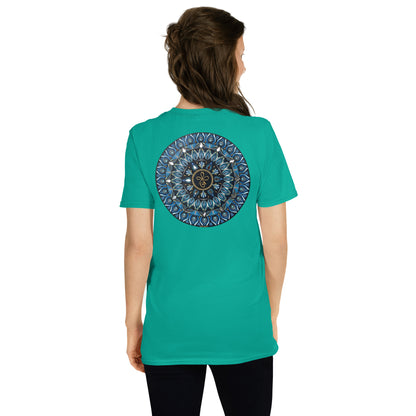Unisex Softstyle T-Shirt (mandala with 3 loops in core on back | FAMILY in black lettering on front)