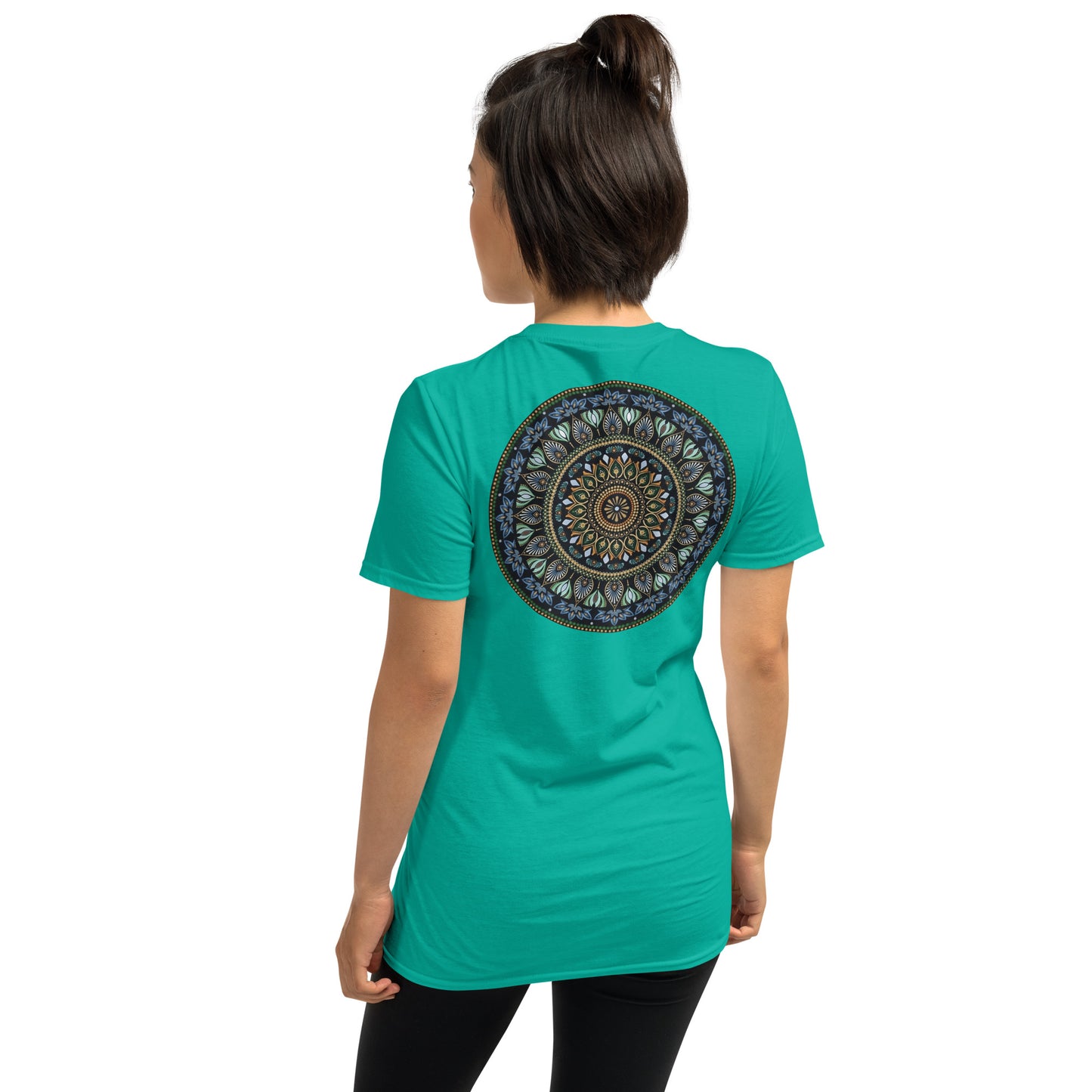 Unisex Softstyle T-Shirt (mandala green and gold rim on back | GRATITUDE in black lettering on front)