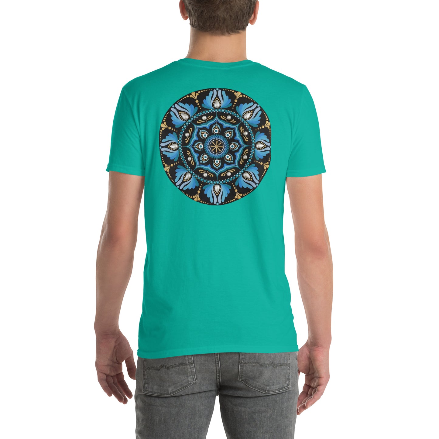 Unisex Softstyle T-Shirt (mandala with spokes in core on back | WISDOM in black lettering on front)