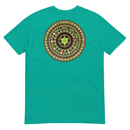 Unisex Softstyle T-Shirt (mandala with green star on back | HARMONY in black lettering on front)