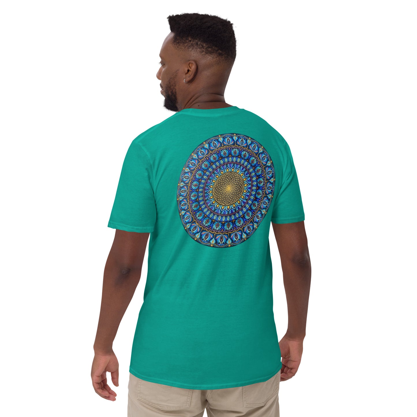 Unisex Softstyle T-Shirt (mandala with golden core on back | FLOW in black lettering on front)