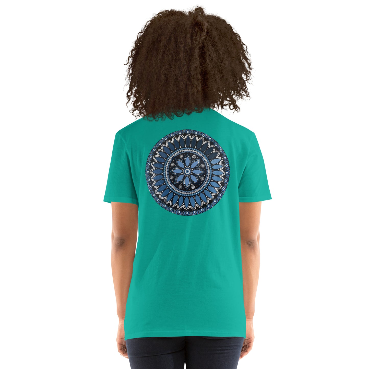 Unisex Softstyle T-Shirt (mandala with blue and white core on back | SERENITY in black lettering on front)