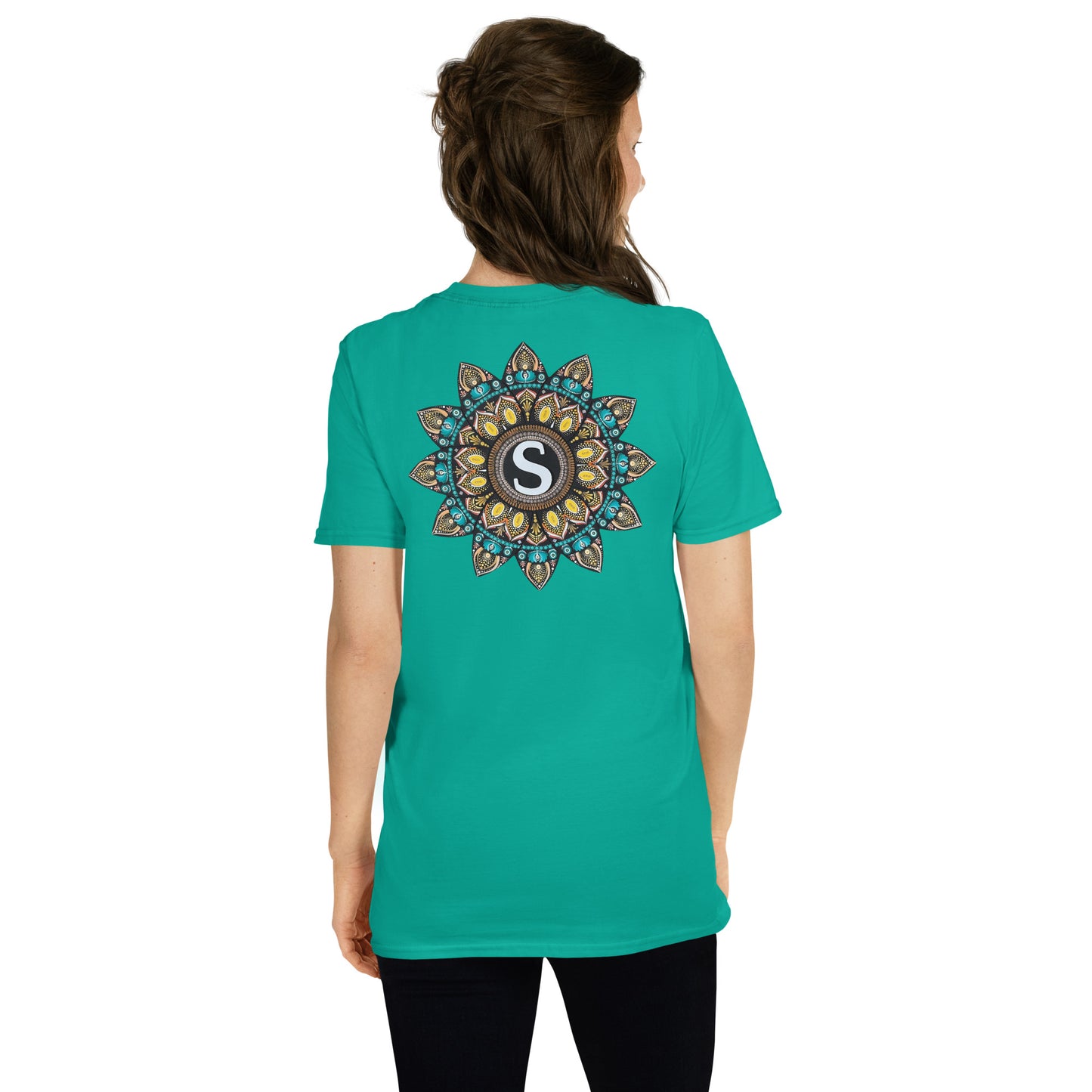 Unisex Softstyle T-Shirt (mandala with "S" in core on back | SHINE in black lettering on front)