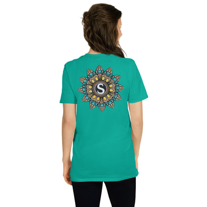 Unisex Softstyle T-Shirt (mandala with "S" in core on back | SHINE in black lettering on front)