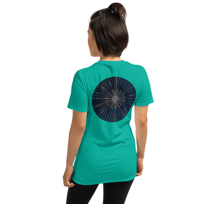 Unisex Softstyle T-Shirt (mandala with streams of light on back | EXPANSION in black lettering on front)