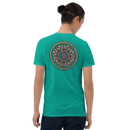 Unisex Softstyle T-Shirt (mandala with red core on back | PURPOSE in black lettering on front)