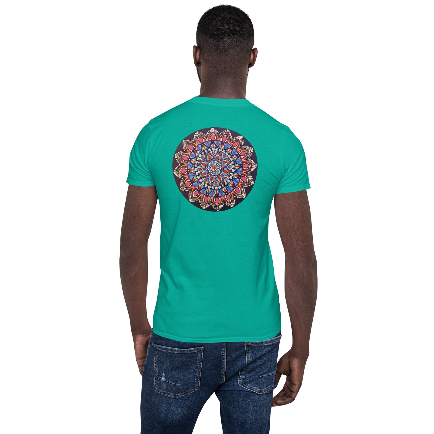 Unisex Softstyle T-Shirt (mandala with pink petals on back | VITALITY in black lettering on front)