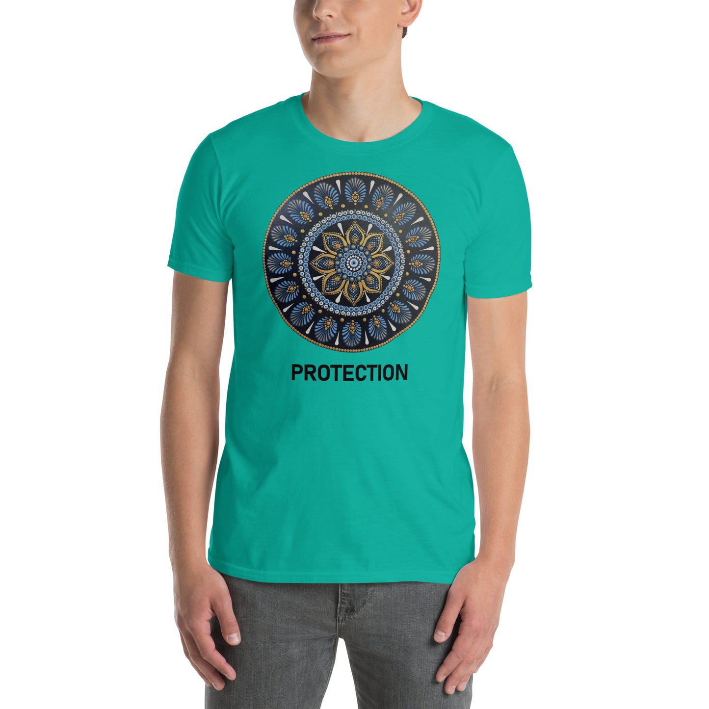 Unisex Softstyle T-Shirt (mandala with gold rim on front | PROTECTION in black lettering)