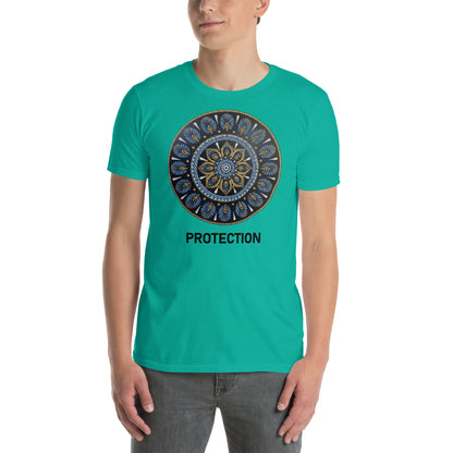 Unisex Softstyle T-Shirt (mandala with gold rim on front | PROTECTION in black lettering)