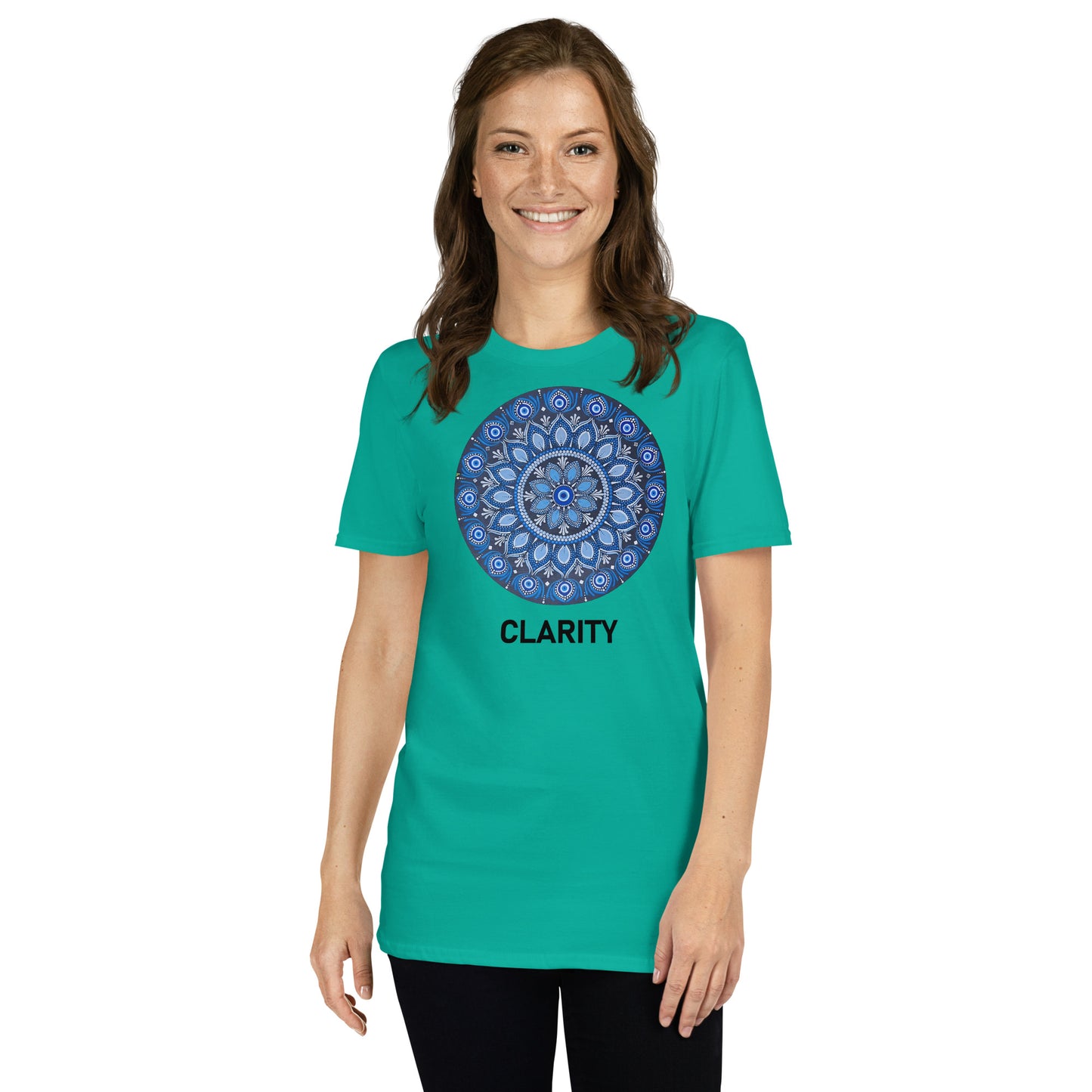 Unisex Softstyle T-Shirt (all blue mandala | on front | CLARITY in black lettering)
