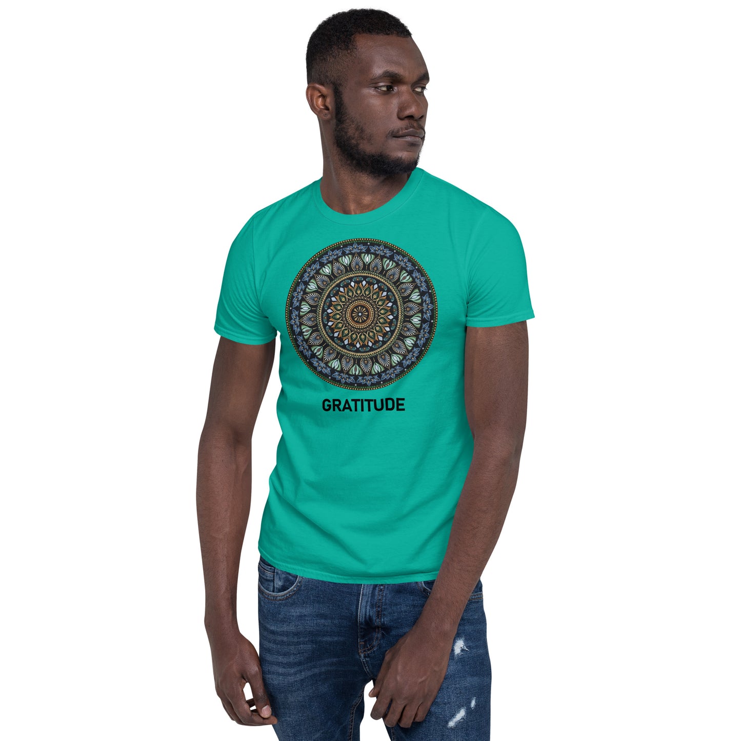 Unisex Softstyle T-Shirt (mandala green and gold rim | on front | GRATITUDE in black lettering)