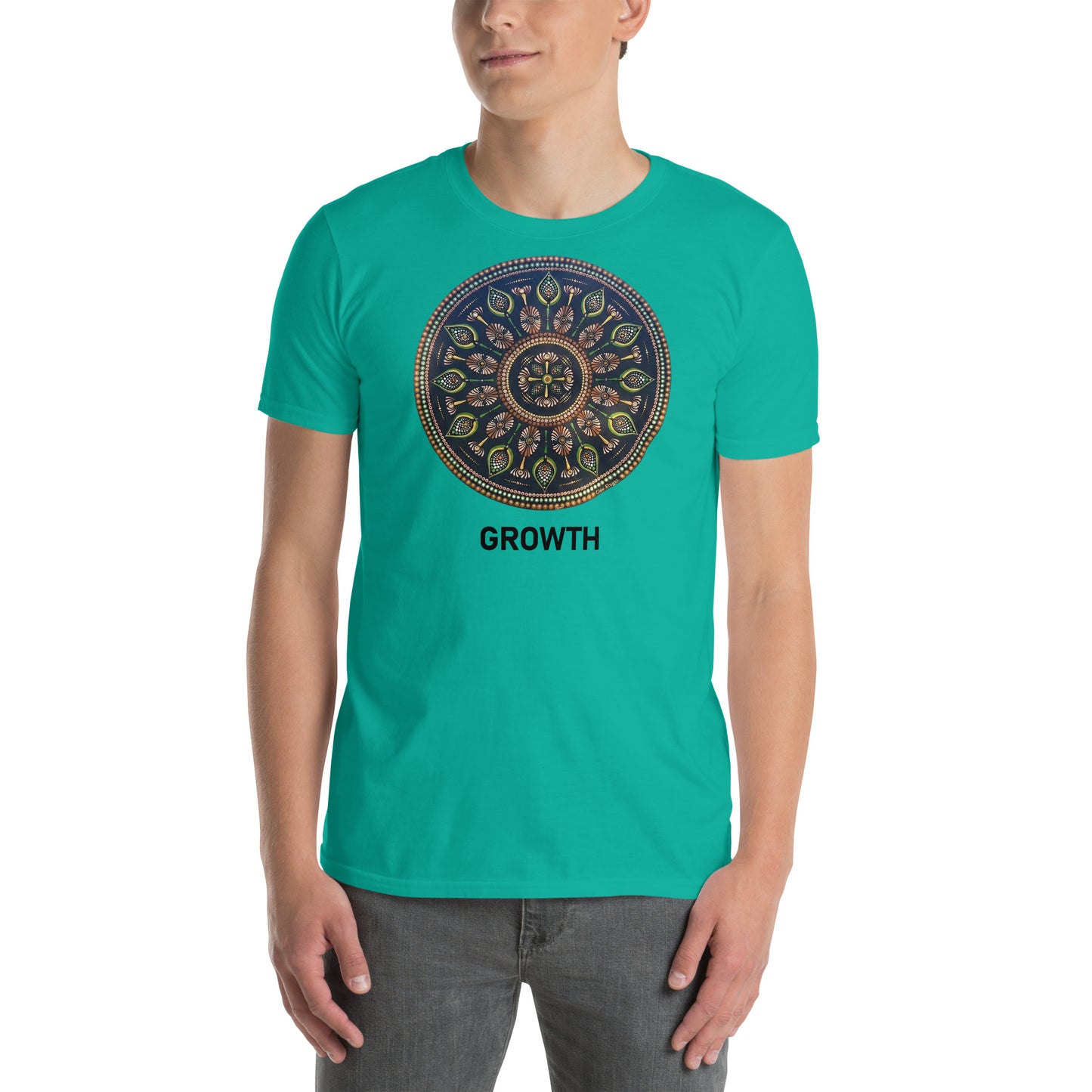 Unisex Softstyle T-Shirt (mandala with cross in the core | on front | GROWTH in black lettering)