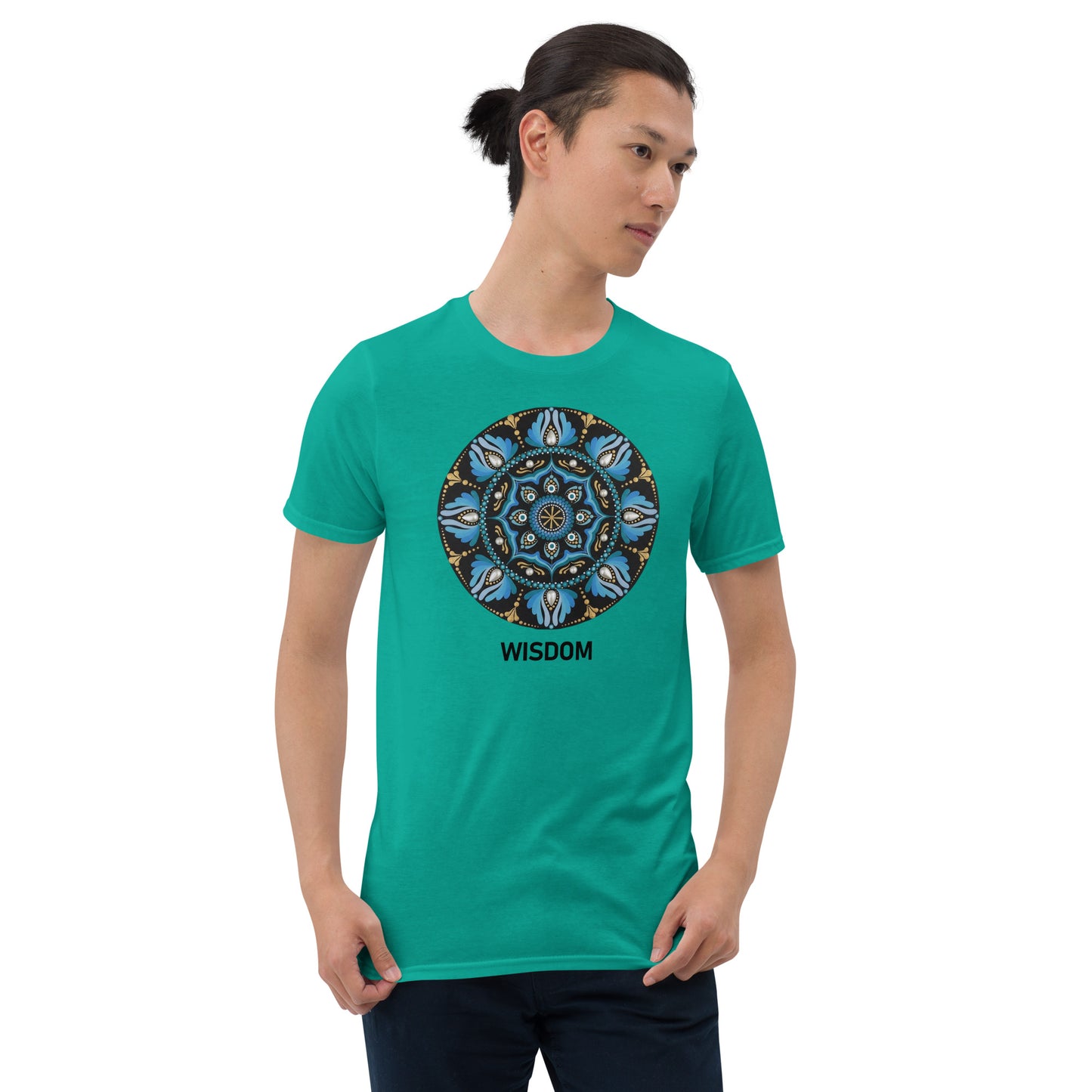 Unisex Softstyle T-Shirt (mandala with spokes in core | on front | WISDOM in black lettering)
