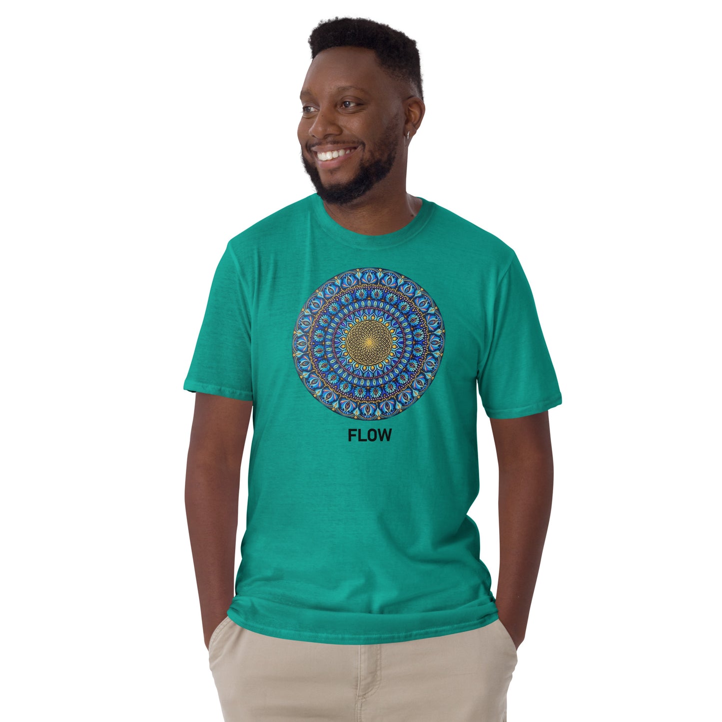 Unisex Softstyle T-Shirt (mandala with golden core | on front | FLOW in black lettering)