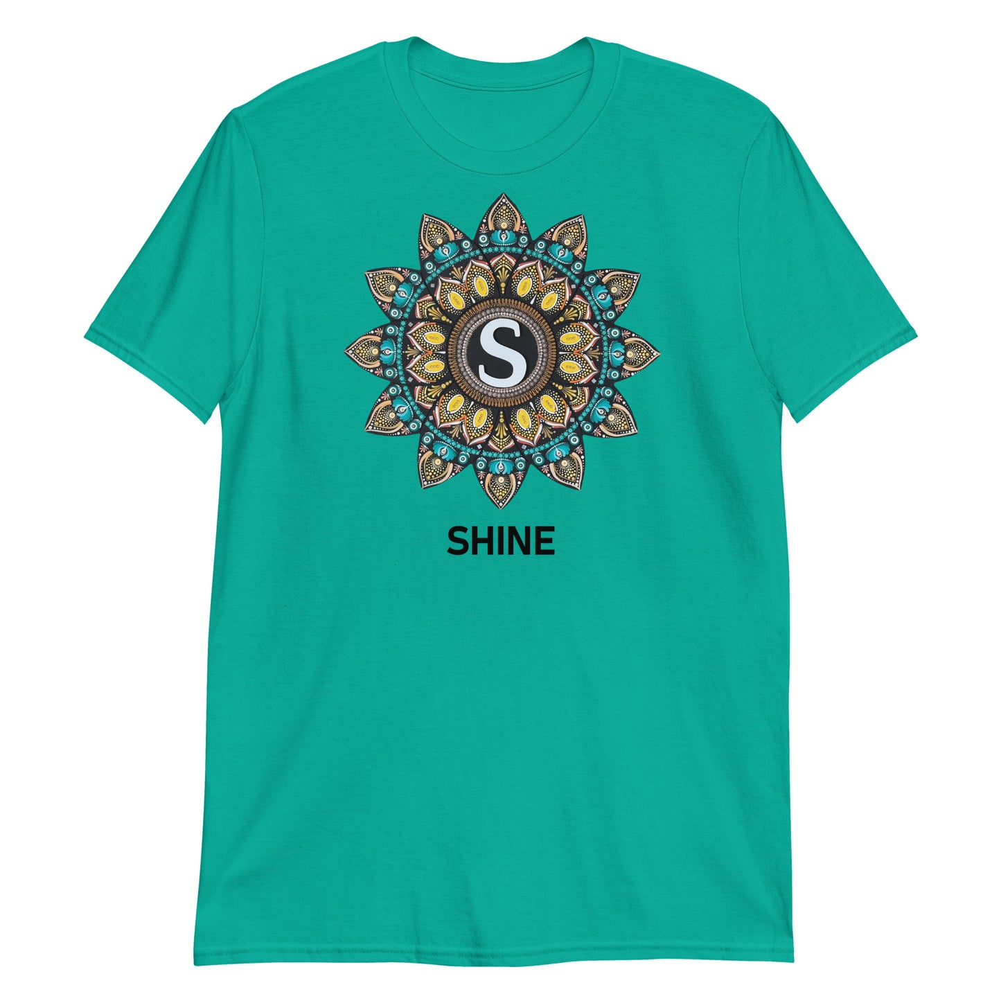 Unisex Softstyle T-Shirt (mandala with "S" in core | on front | SHINE in black lettering)
