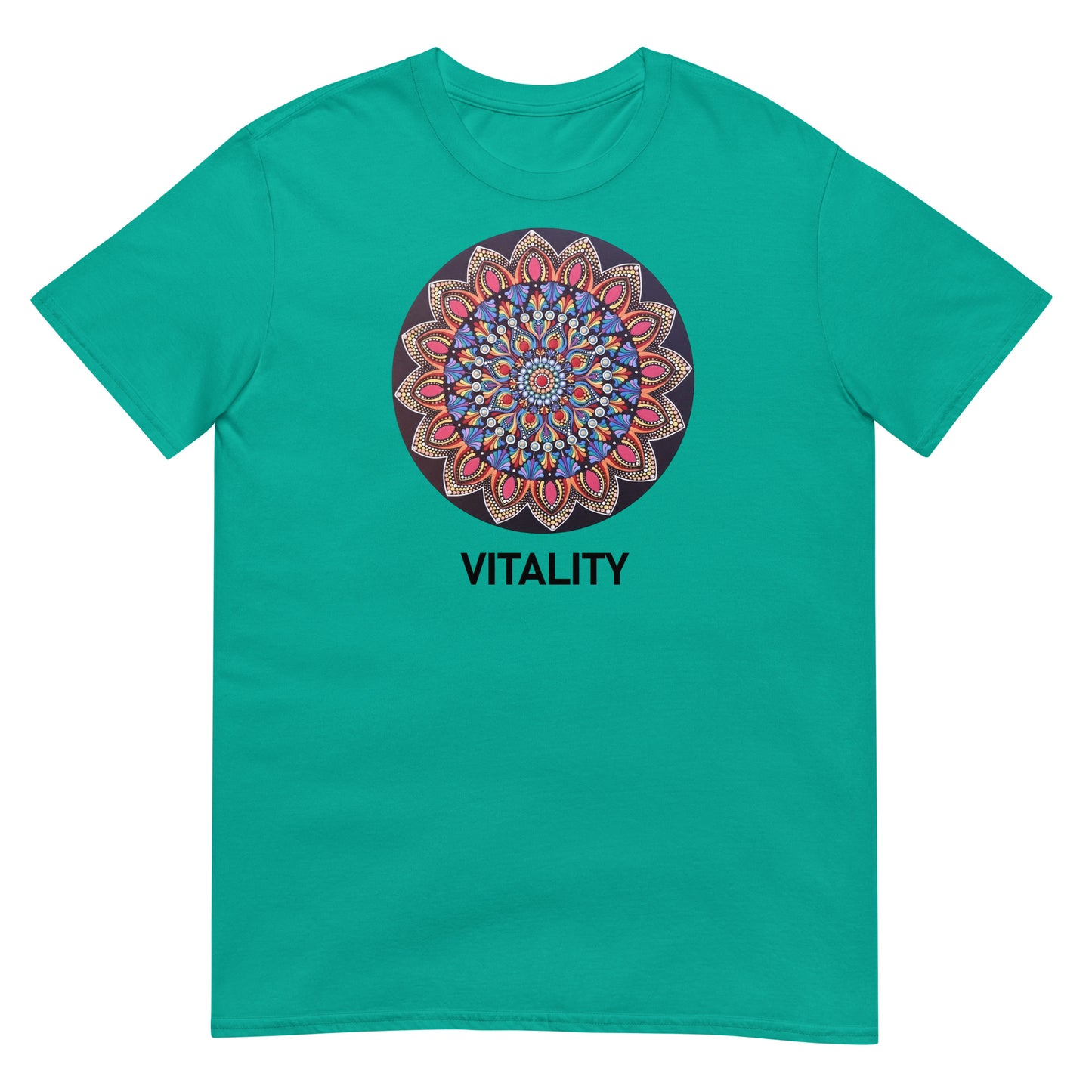 Unisex Softstyle T-Shirt (mandala with pink petals | on front | VITALITY in black lettering)