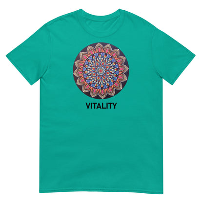 Unisex Softstyle T-Shirt (mandala with pink petals | on front | VITALITY in black lettering)