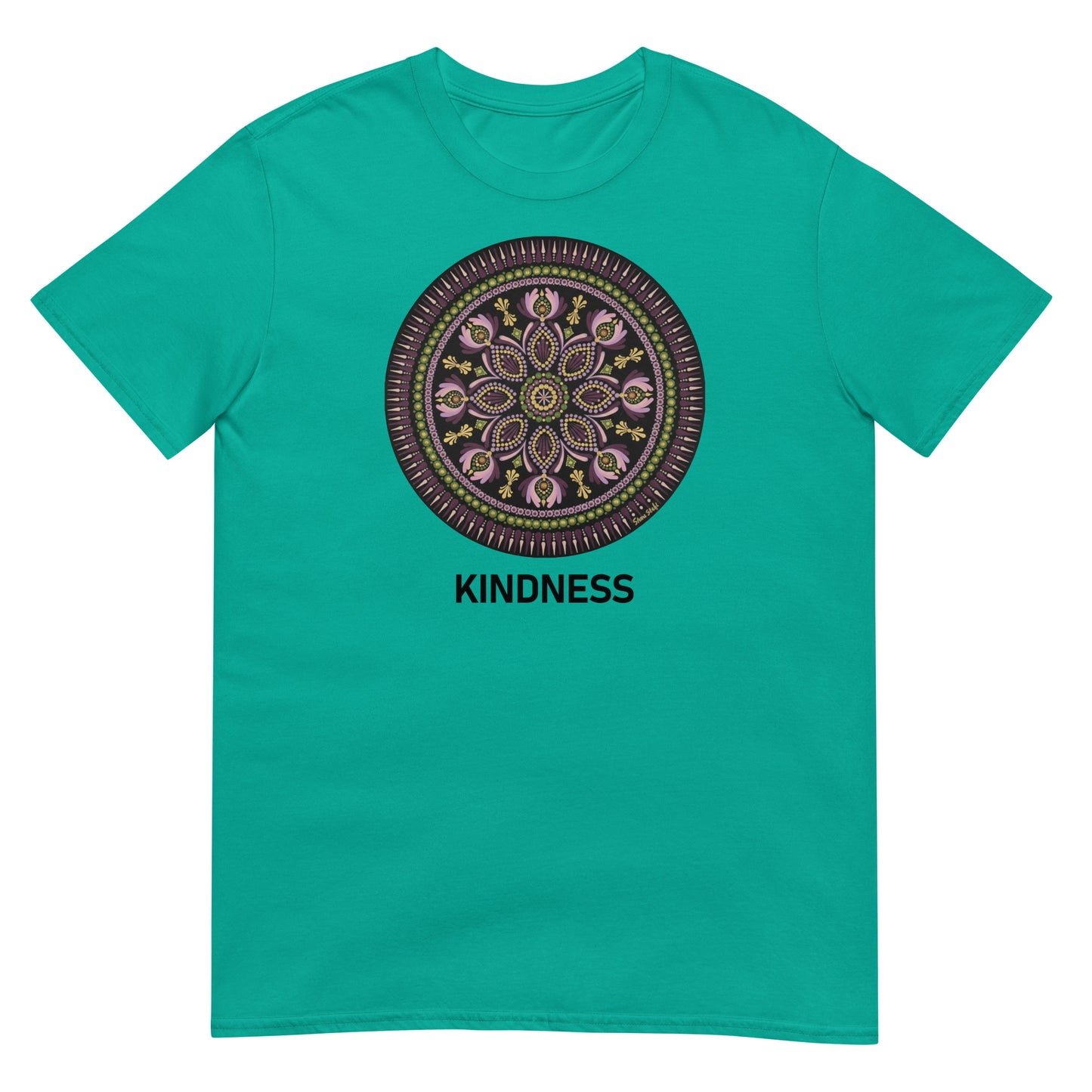 Unisex Softstyle T-Shirt (mandala with magenta rim | on front | KINDNESS in black lettering)