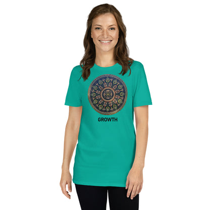 Unisex Softstyle T-Shirt (mandala with cross in the core | on front | GROWTH in black lettering)