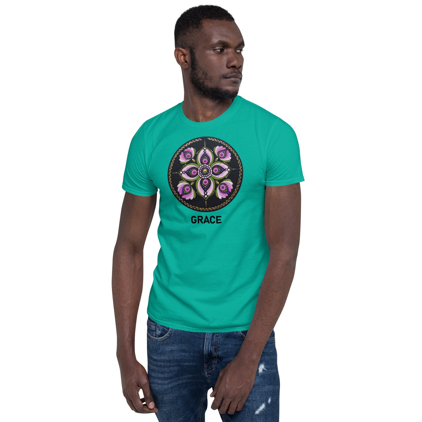 Unisex Softstyle T-Shirt (mandala with purple petals | on front | GRACE in black lettering)