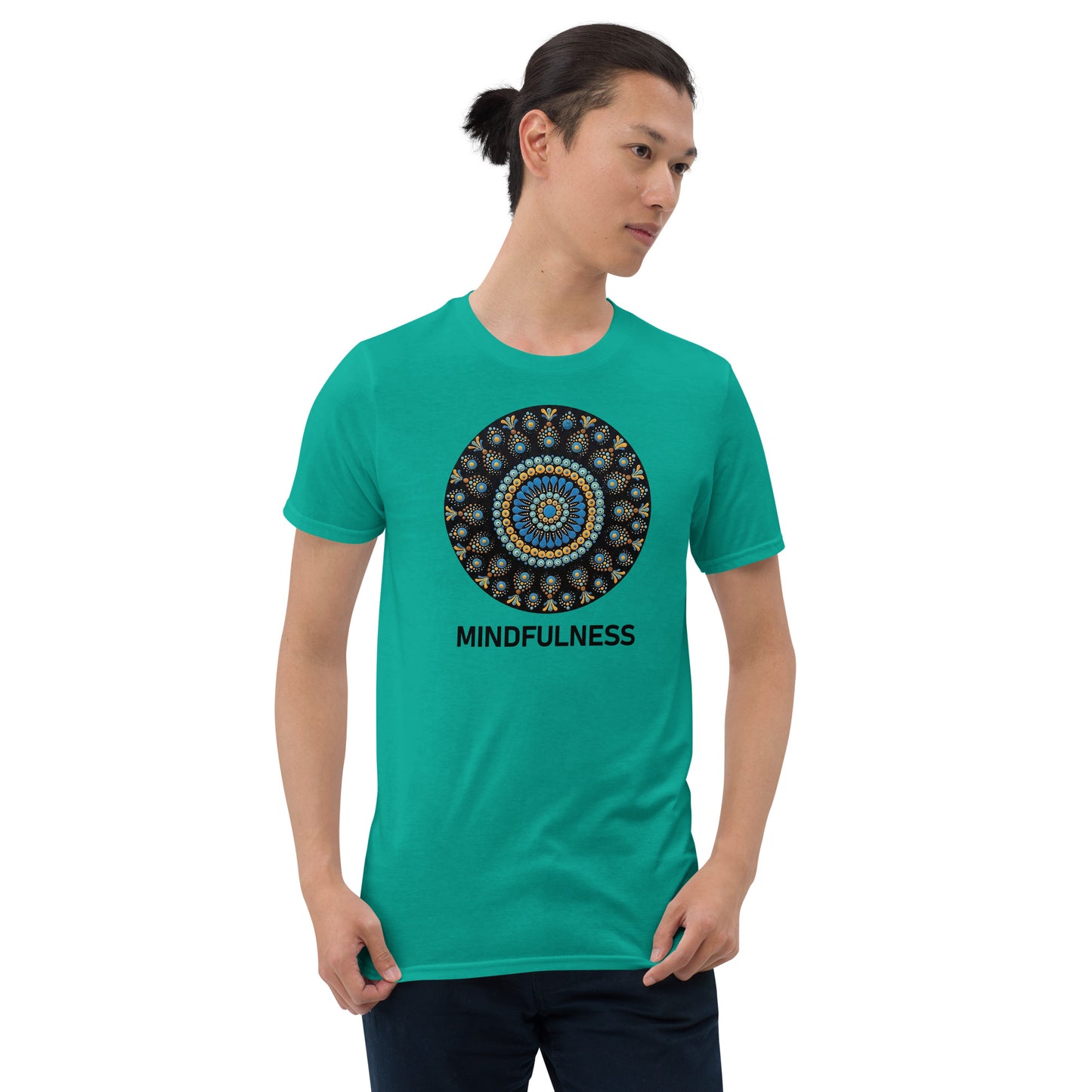 Unisex Softstyle T-Shirt (mandala with blue dots and black back | on front | MINDFULNESS in black lettering)