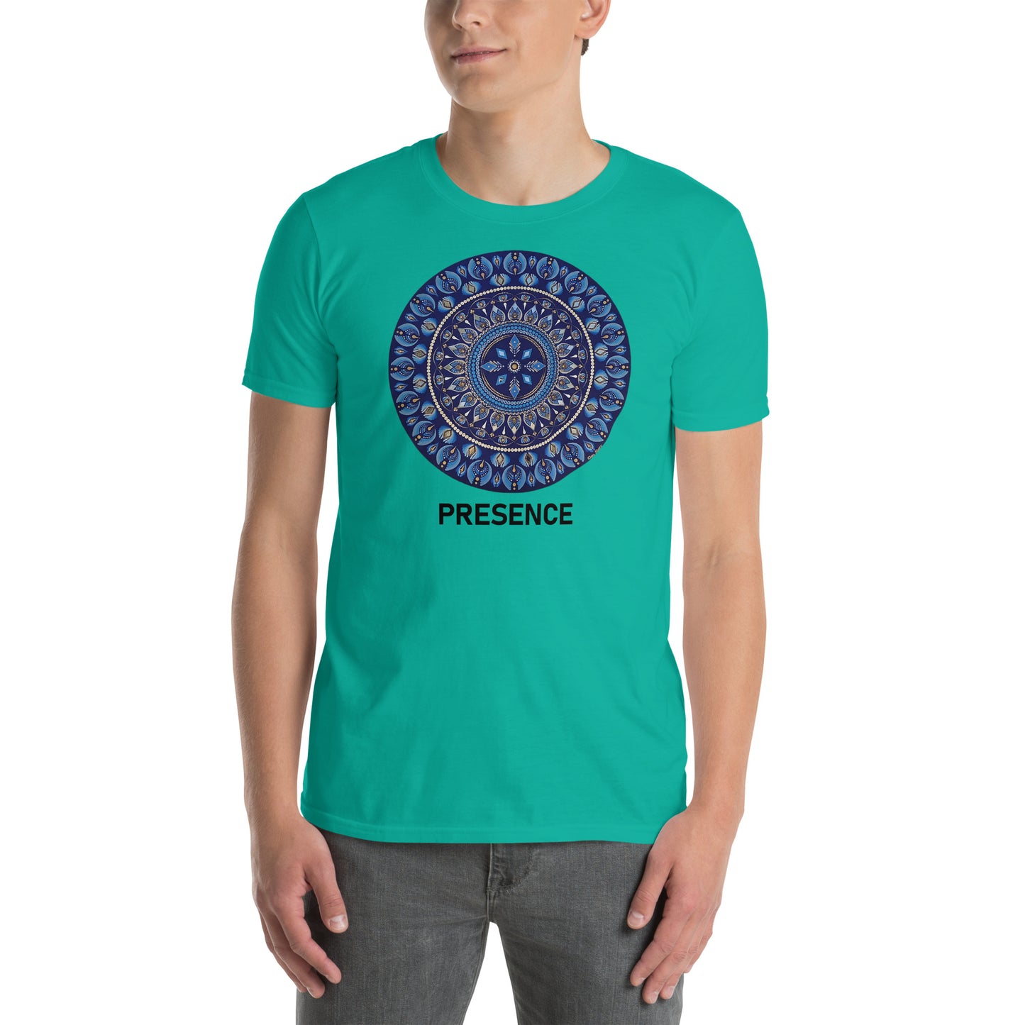 Unisex Softstyle T-Shirt (mandala with 4 diamonds | on front | PRESENCE in black lettering)